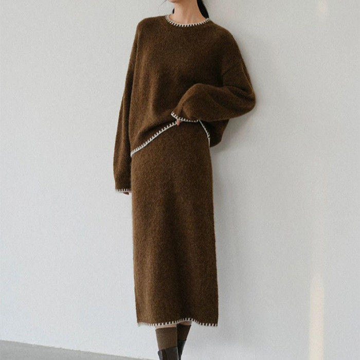 2025 Autumn and Winter New Solid Color Lazy Wind Round Neck Contrasting Edge Knitted Skirt Suit Two Piece Sets Womens Outifits