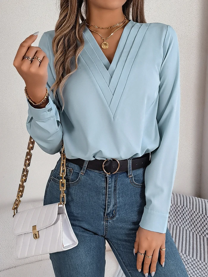 Autumn and Winter Elegant Solid Color Stacked V-neck Long-sleeved Shirt Womens Clothing