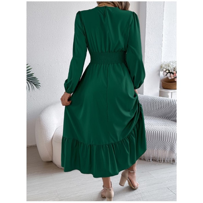 Ladies' Dress, Solid Color, Elegant, Black Fungus Edge, Waist Cinched Pleated Long Skirt, Temperament, Commuting A-line Skirt