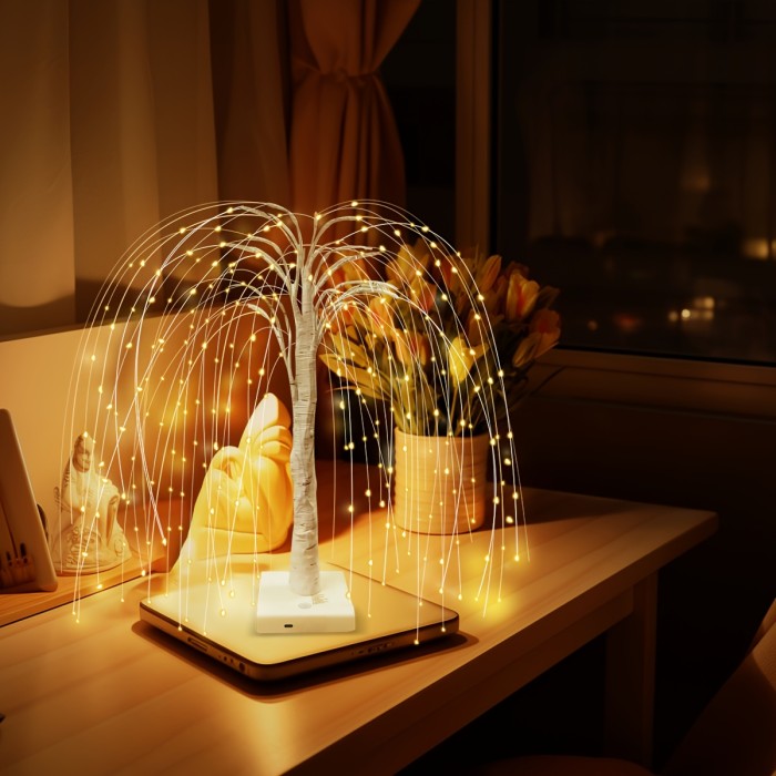 1pc Willow Tree LED Night Light, 192 LEDs, 8 Lighting Modes, USB\u002FBattery Dual Power, Romantic Table Lamp for Bedroom, Wedding, Party, Home Decor - Plastic Shade