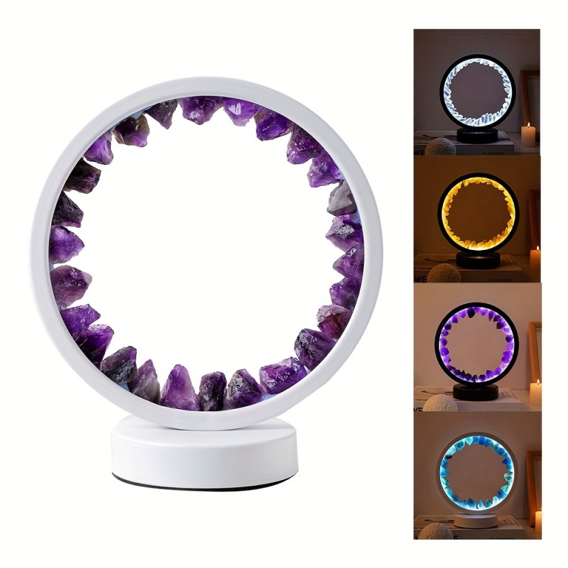 Amethyst Bedside Lamp Natural Quartz Amethyst Cluster LED Rechargeable Bedside Lamp | Circular Circle Decorative Lights Night Lamp Bedroom Desk