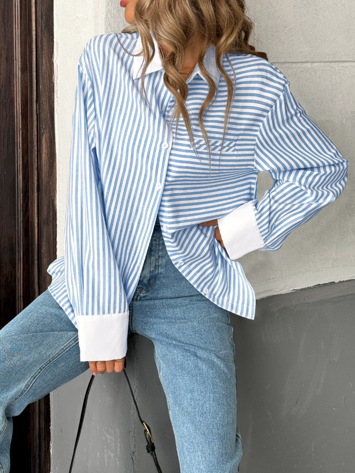 2025 European and American Autumn Women Clothing New Striped Splicing Trend Fashion Temperament Shirts for Women Tops