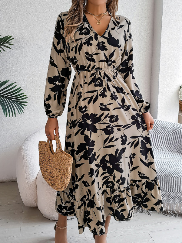 Spring Summer Elegant Floral Print Dress 2025 V Neck Long Sleeve Ruffled Edge Maxi Dresses for Women