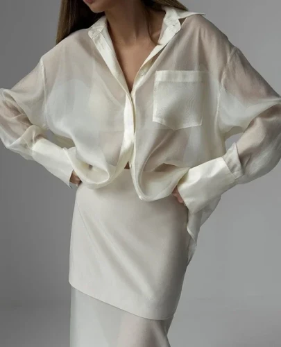 Elegant 2-Piece Sets for Women Mesh Collar Long Sleeved Shirt+High Waisted Patchwork Skirt Two-Piece Set