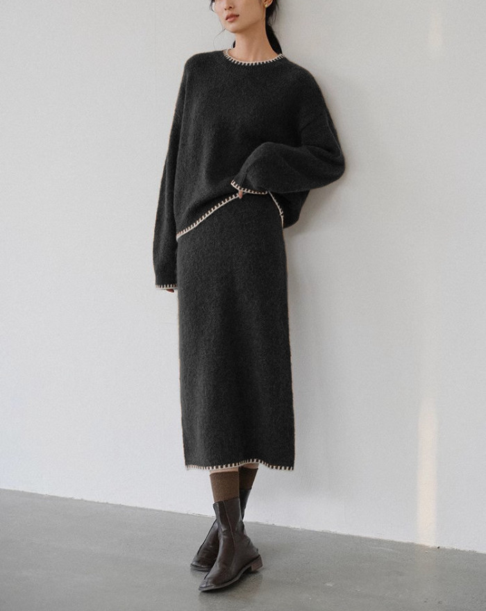 2025 Autumn and Winter New Solid Color Lazy Wind Round Neck Contrasting Edge Knitted Skirt Suit Two Piece Sets Womens Outifits