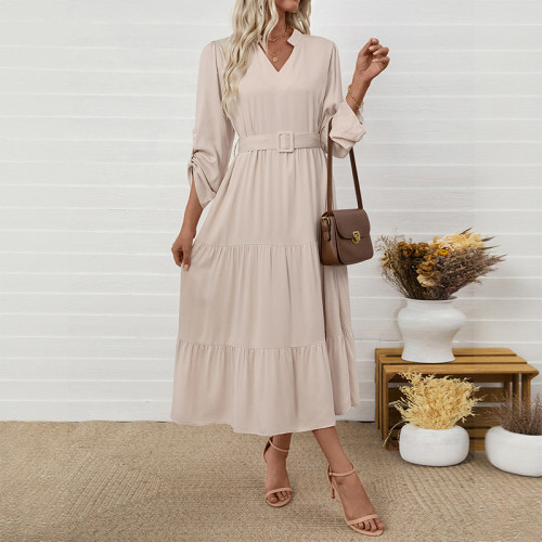 2025 New Dress for Women Clothing Commuter Casual Simple and Elegant Stand-up Collar Long-sleeved Solid Color Dresses with Belt