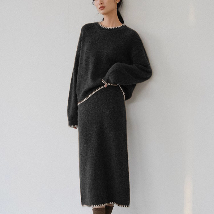 2025 Autumn and Winter New Solid Color Lazy Wind Round Neck Contrasting Edge Knitted Skirt Suit Two Piece Sets Womens Outifits