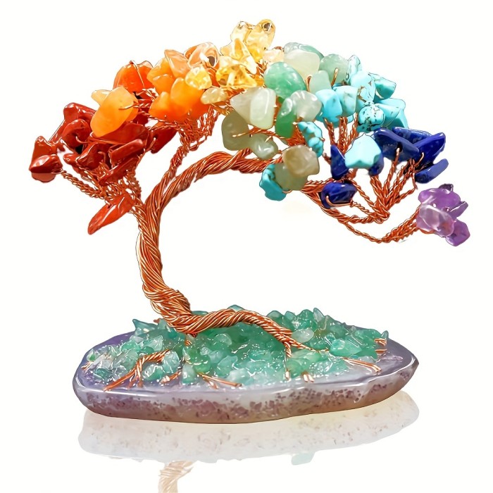 Natural Crystal Tree Natural Crystal Tree with Seven Colors - Handcrafted Agate Base and Green Stones - Decorative Craft Symbolizing Wealth And Prosperity