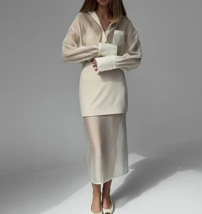 Elegant 2-Piece Sets for Women Mesh Collar Long Sleeved Shirt+High Waisted Patchwork Skirt Two-Piece Set