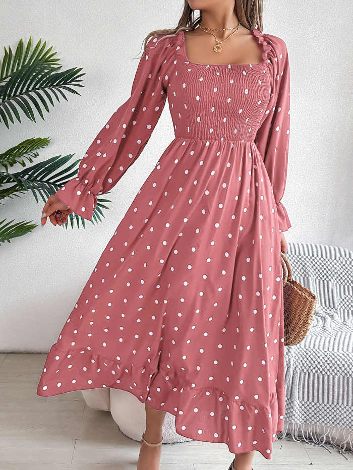 Spring and Summer Polka Dot Long Dress Vacation Fungus Edge Square Neck Long Sleeved Dresses for Women