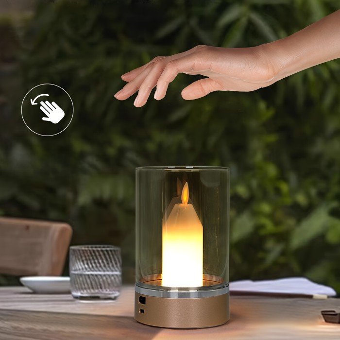 1pc Motion-Activated LED Magic Candle Light - Polished Metal, Adjustable Brightness, USB Rechargeable Glass Table Lamp for Cosplay, Party Decor, Home Ambiance