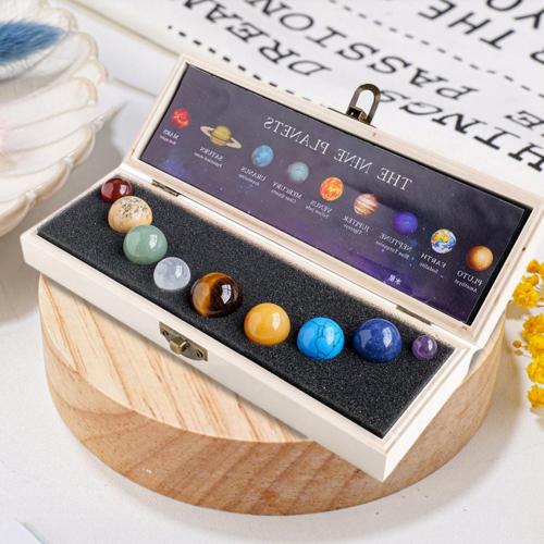 Natural Crystal 9 Planets Ball Solar Sun System Rock Quartz Stones with Wooden Box  Quartz Stones Beads Desktop Decoration