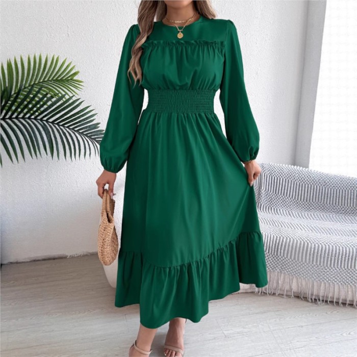 Ladies' Dress, Solid Color, Elegant, Black Fungus Edge, Waist Cinched Pleated Long Skirt, Temperament, Commuting A-line Skirt