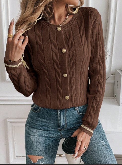 Women's Fashion Casual Brown Knitted Cardigan Sweater