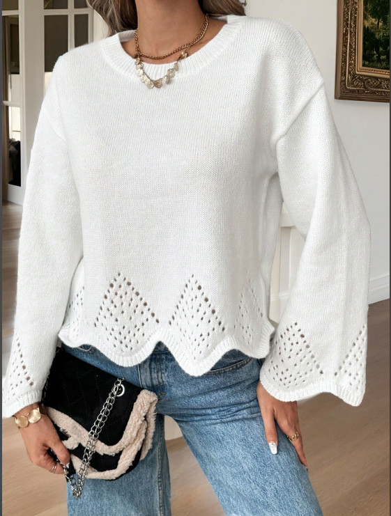 Women's Fashion Casual Loose Round Neck Hollow Solid Color Sweater