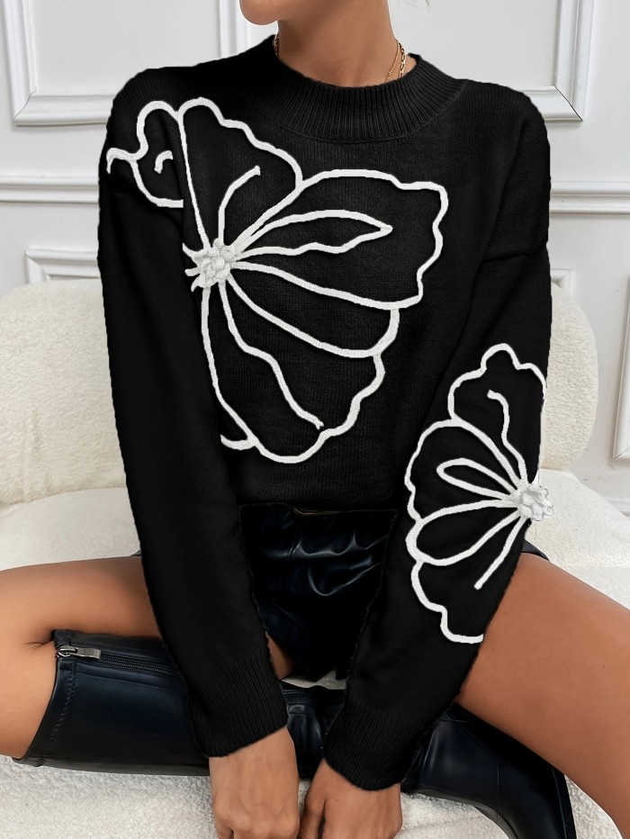 Women's Casual Embroidered Flower Knitted Crew Neck Sweater