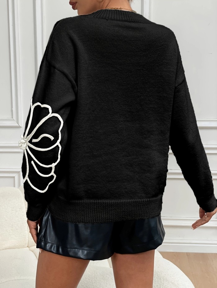 Women's Casual Embroidered Flower Knitted Crew Neck Sweater