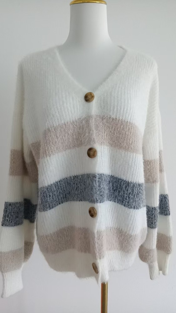 Women's Fashion Long Sleeve Striped Knitted Cardigan Sweater