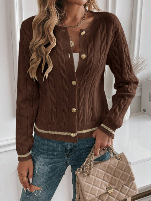Women's Fashion Casual Brown Knitted Cardigan Sweater