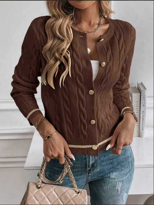 Women's Fashion Casual Brown Knitted Cardigan Sweater