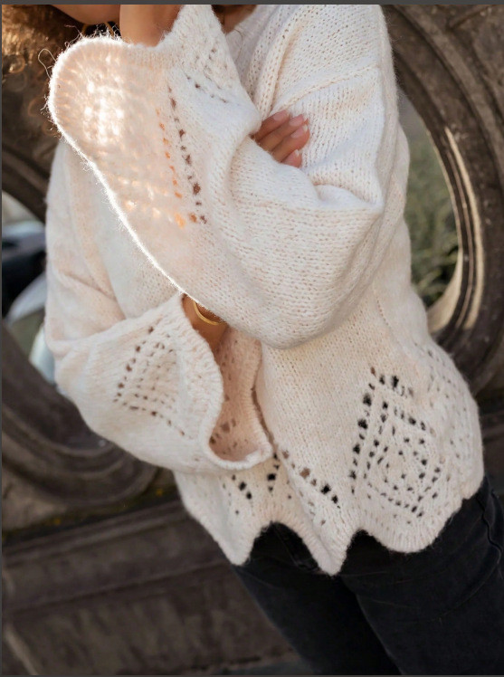 Women's Fashion Casual Loose Round Neck Hollow Solid Color Sweater