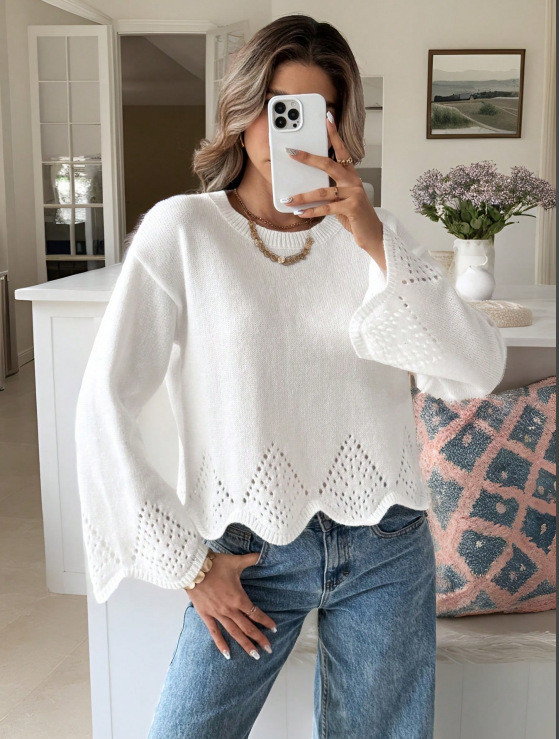 Women's Fashion Casual Loose Round Neck Hollow Solid Color Sweater