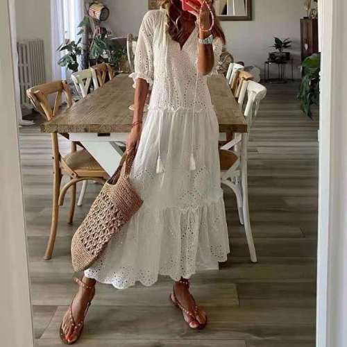Women's 2025 Spring Summer White Lantern Sleeve Dress - V Neck Embroidered Cotton Maxi,Boho Beach Dress with Slit Tie Detail
