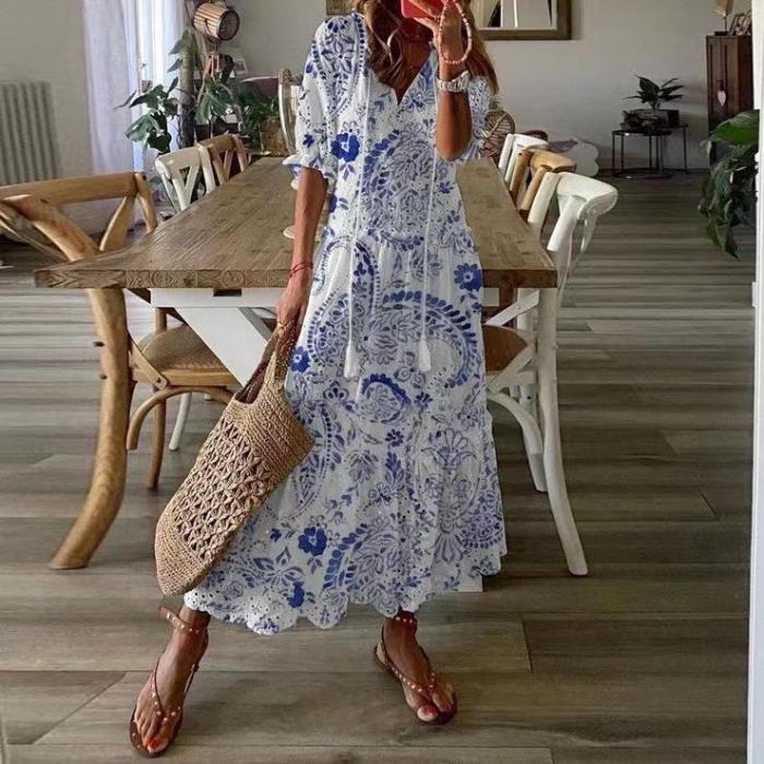 Women's 2025 Spring Summer White Lantern Sleeve Dress - V Neck Embroidered Cotton Maxi,Boho Beach Dress with Slit Tie Detail