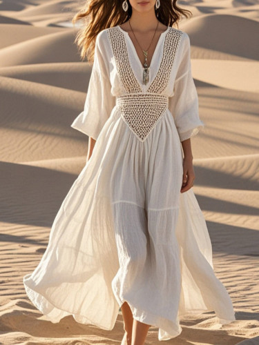 Women's Summer White V-Neck Maxi Dress