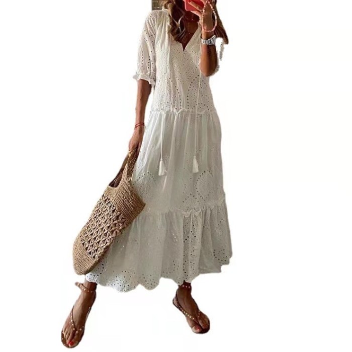 Women's 2025 Spring Summer White Lantern Sleeve Dress - V Neck Embroidered Cotton Maxi,Boho Beach Dress with Slit Tie Detail