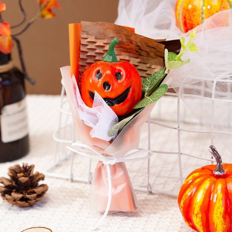 Halloween Pumpkin Bouquet – Jack-O’-Lantern Centerpiece with White Ribbon, Fall Table & Home Décor