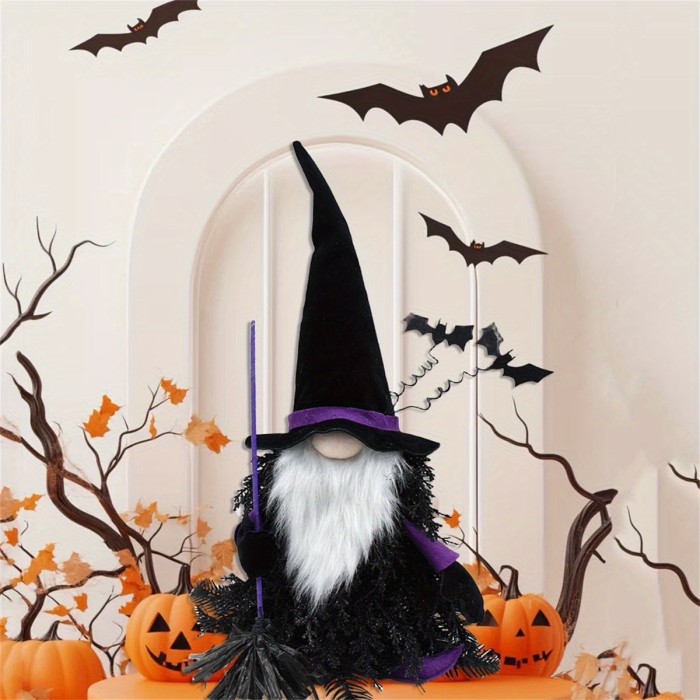 Handmade Halloween Tomte Gnome Figurine – Black & White Plush with Beard & Broomstick, Table or Home Décor
