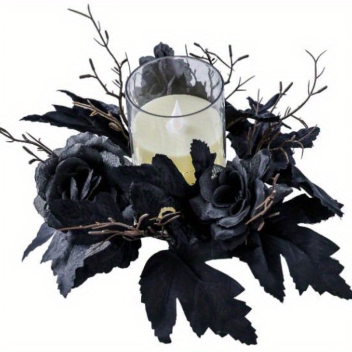 Halloween Black Rose Wreath Centerpiece – Gothic Candle Ring with Gold Frame for Home, Party, Wedding Décor