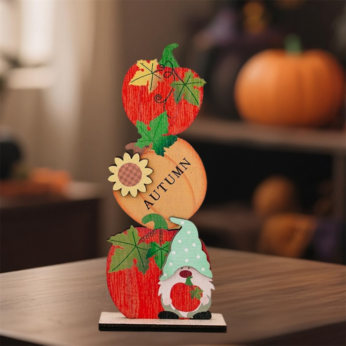 Charming Wooden Gnome & Hedgehog Thanksgiving Table Sign – Autumn Harvest Decor with Pumpkins, Apples & Sunflowers, Perfect Fall & Thanksgiving Home Decoration