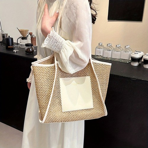 Women’s Woven Straw Tote Bag – Large Capacity Beige & White Shoulder Handbag for Beach, Vacation & Everyday Use