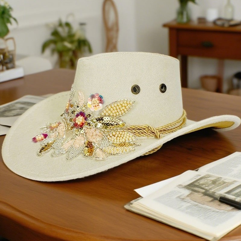 Women Wide Brim Suede Hat Fashion Floral Embroidery Cowgirl Hat Autumn Winter Felt Jazz Cap