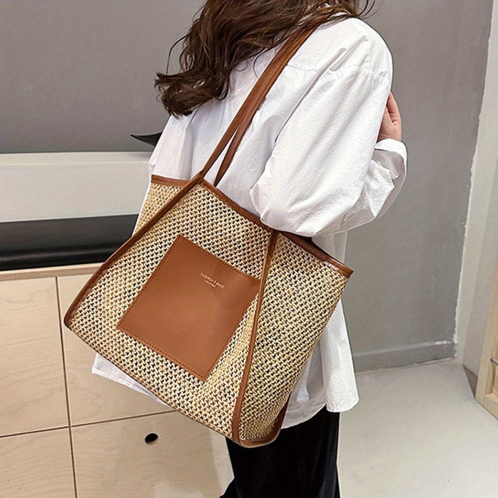 Women’s Woven Straw Tote Bag – Large Capacity Beige & White Shoulder Handbag for Beach, Vacation & Everyday Use