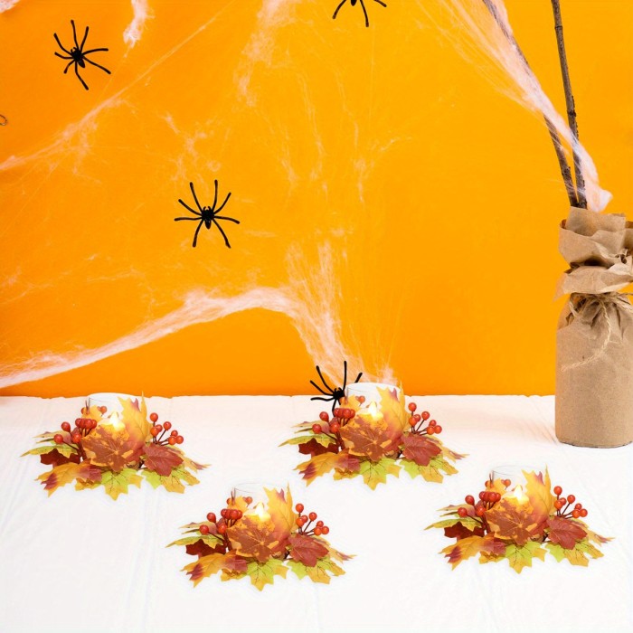 4pcs Elegant Fall Maple Leaf & Berry Candle Holders - Durable Plastic\u002F Wreath Centerpiece with Clear Glass-Like Top, Warm Autumn Colors (Golden, Brown, Orange, Red) for Thanksgiving Tabletop Decor, Rustic Farmhouse Candle Rings, No Electricity Needed, Easy Assembly, Classic Style Desktop Candle Holders with Realistic Maple Leaves and Berries for Festive Home Decoration