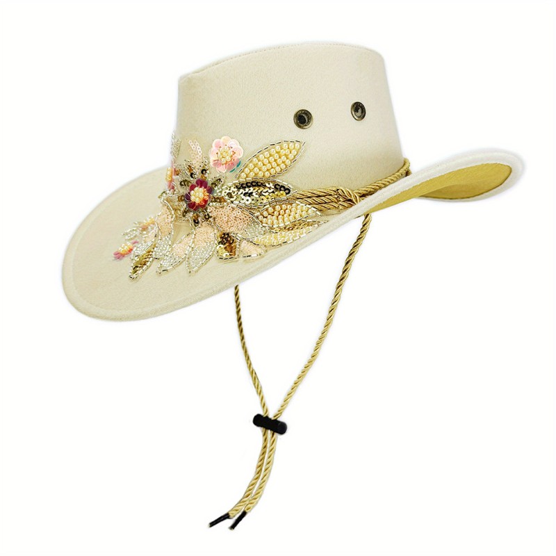 Women Wide Brim Suede Hat Fashion Floral Embroidery Cowgirl Hat Autumn Winter Felt Jazz Cap
