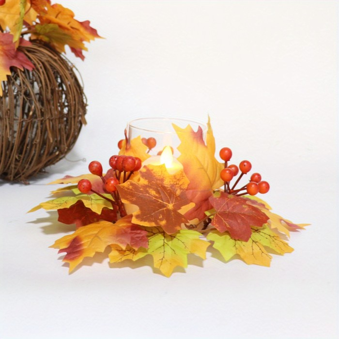 4pcs Elegant Fall Maple Leaf & Berry Candle Holders - Durable Plastic\u002F Wreath Centerpiece with Clear Glass-Like Top, Warm Autumn Colors (Golden, Brown, Orange, Red) for Thanksgiving Tabletop Decor, Rustic Farmhouse Candle Rings, No Electricity Needed, Easy Assembly, Classic Style Desktop Candle Holders with Realistic Maple Leaves and Berries for Festive Home Decoration