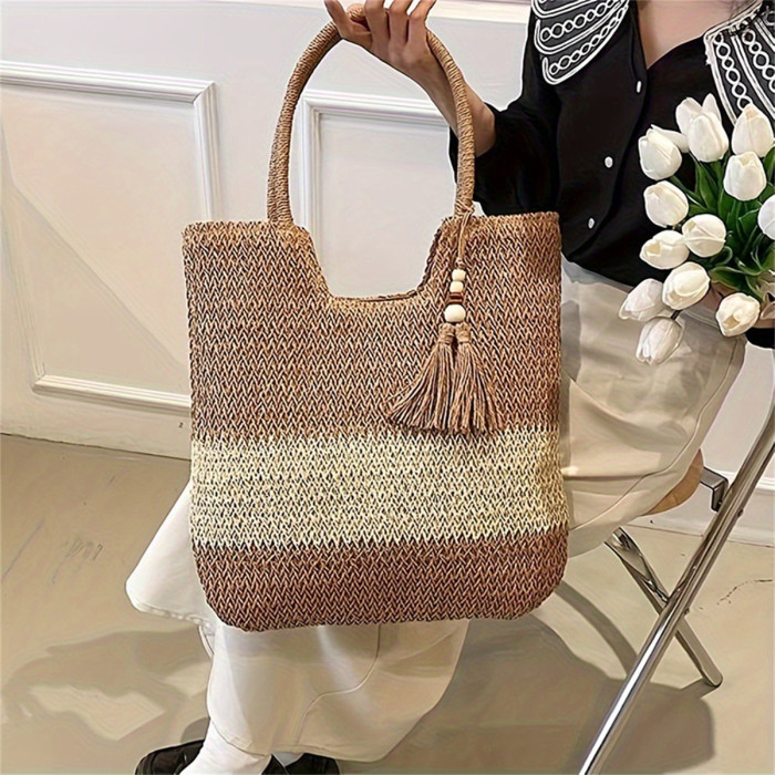 Women's Large Straw Beach Tote Bag - Woven Natural Beige & Brown Tote with Zipper Closure, Decorative Tassel Tassel Accent - Lightweight Durable Straw Fabric for Summer Vacation, Pool, Shopping & Picnic - Stylish & Spacious Handbag