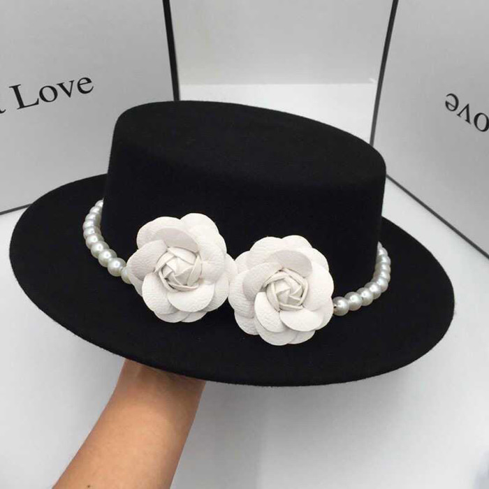 2D Flat - Women'S Vintage Fedora Hat - Elegant Black with Floral accent, Wide Brim, Lightweight Non-Stretch Formal & Everyday Women'S Fashion Hat for Church, Derby, Parties - Classic Flat Top Derby Cap, Party Accessory, Pearl Embellishments, Church Accessory, Hand Washable, Stylish Women