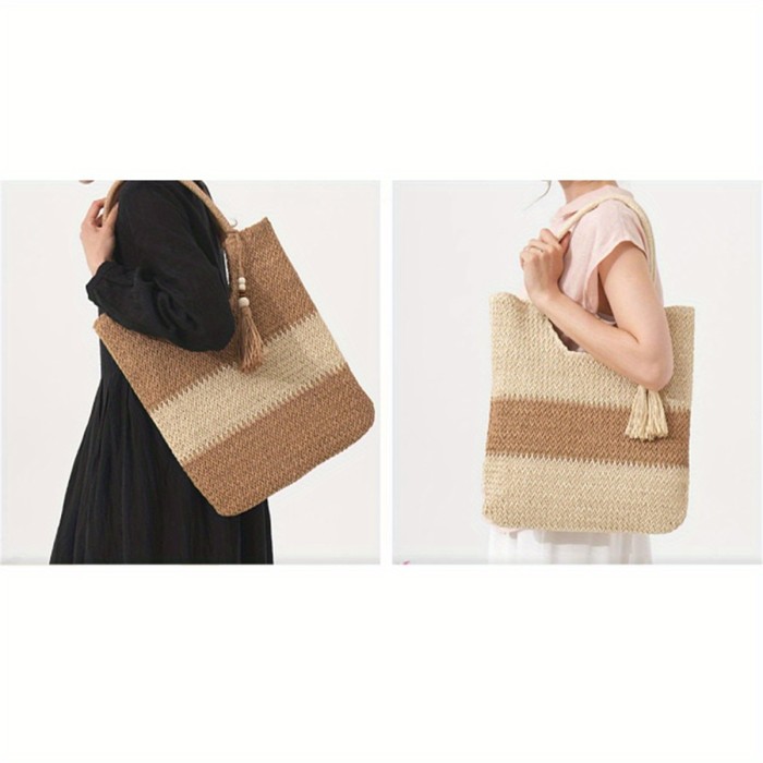 Women's Large Straw Beach Tote Bag - Woven Natural Beige & Brown Tote with Zipper Closure, Decorative Tassel Tassel Accent - Lightweight Durable Straw Fabric for Summer Vacation, Pool, Shopping & Picnic - Stylish & Spacious Handbag