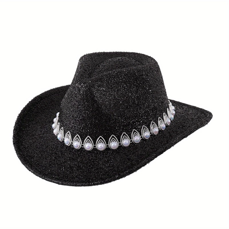 Women Cowgirl Hat, Glitter Soft Wide Brim Hat Pearled Western Hat for Club Party
