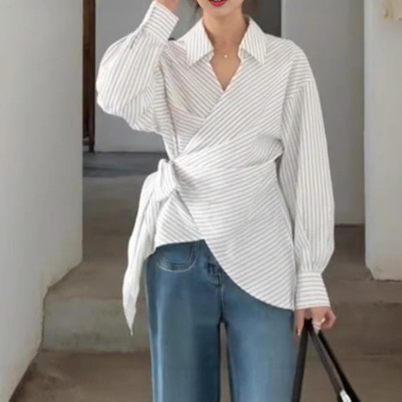 Women's Striped Side Strap Cross Waist Shirt Blouse