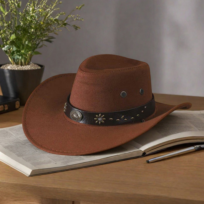 Vintage Western Cowboy Hat - Distressed Denim Wide Brim Hat with Adjustable Leather Chin Strap for Halloween, Rodeo Events & Outdoor Activities