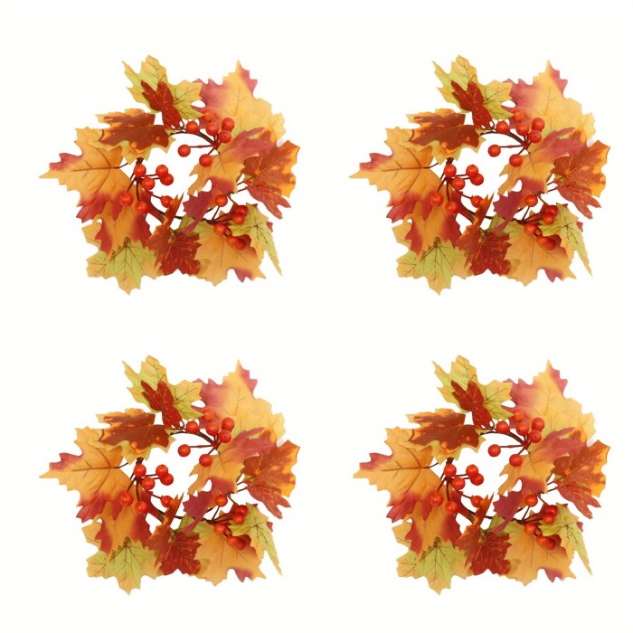 4pcs Elegant Fall Maple Leaf & Berry Candle Holders - Durable Plastic\u002F Wreath Centerpiece with Clear Glass-Like Top, Warm Autumn Colors (Golden, Brown, Orange, Red) for Thanksgiving Tabletop Decor, Rustic Farmhouse Candle Rings, No Electricity Needed, Easy Assembly, Classic Style Desktop Candle Holders with Realistic Maple Leaves and Berries for Festive Home Decoration