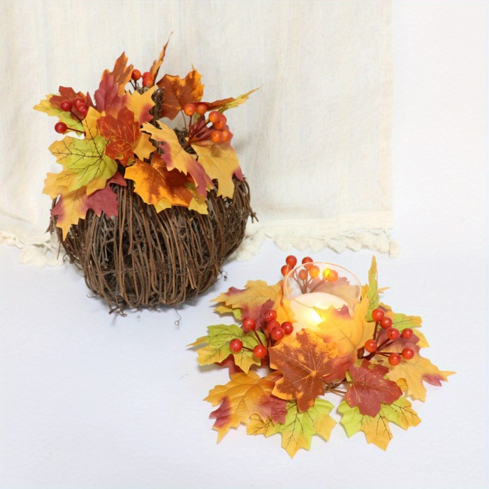 4pcs Elegant Fall Maple Leaf & Berry Candle Holders - Durable Plastic\u002F Wreath Centerpiece with Clear Glass-Like Top, Warm Autumn Colors (Golden, Brown, Orange, Red) for Thanksgiving Tabletop Decor, Rustic Farmhouse Candle Rings, No Electricity Needed, Easy Assembly, Classic Style Desktop Candle Holders with Realistic Maple Leaves and Berries for Festive Home Decoration