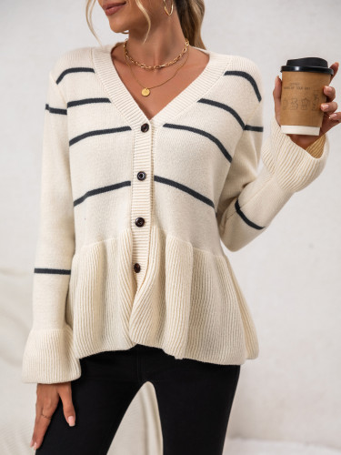 New V-neck Striped Loose Knitted Long Sleeve Sweater Cardigan for Women