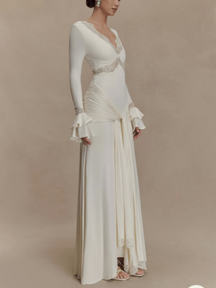 Women's Lace Sexy Long with Trumpet Sleeves and Tailored Splicing Dress